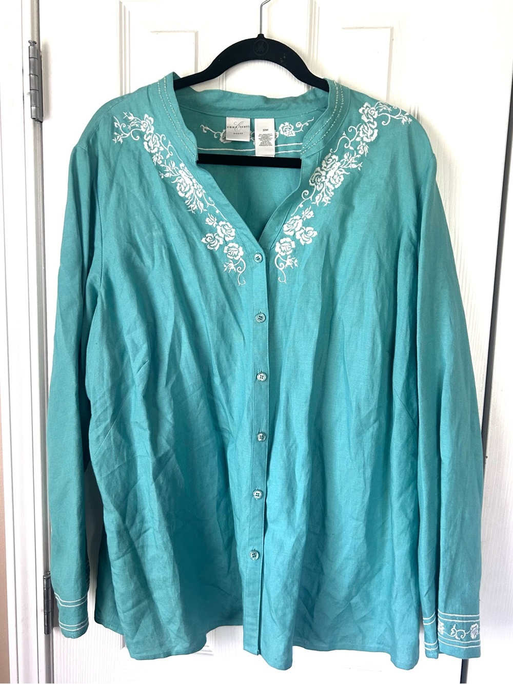 Emma James Woman Teal Linen Blend Embroidered Button Front Blouse 20W